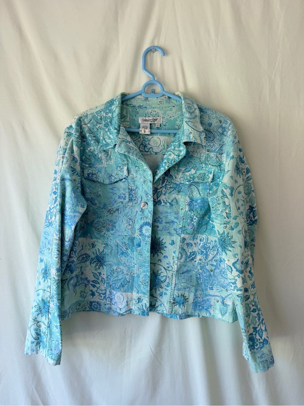 Coldwater Creek Aqua Paisley Button-Front Cotton Shirt Jacket